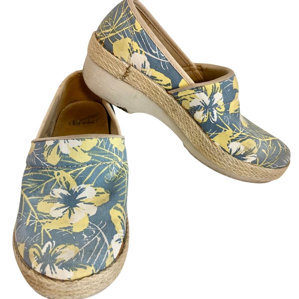 Dansko Victoria Tahiti Vegan Tropical Print Canvas Jute Clogs Slip On Wedge 37